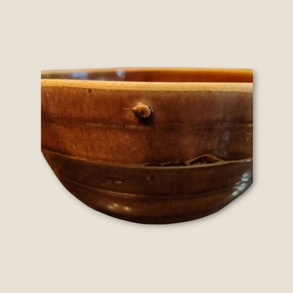 Handmade Brown Stoneware Mixing Bowl 9" Diameter 4.5" Height Ribbed Design Made - Picture 6 of 10